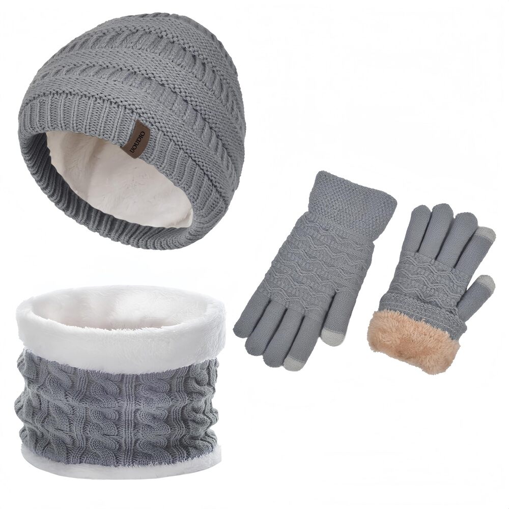1736 Beanie Hat Gloves and Scarf Set Winter Warm Knit Cap Thick Fleece